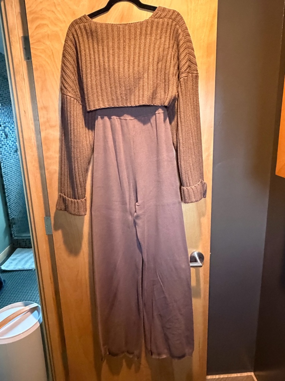 Ribbed Knit Brown Jumpsuit with Shrug - Picture 2 of 2